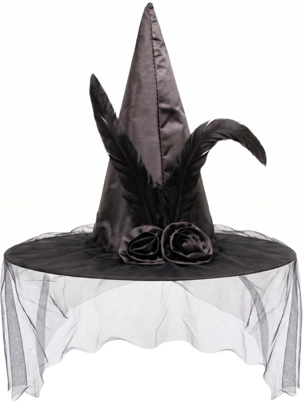 🎃Women's Halloween Black Witch Hat with Elegant Flower Veil Feathers Masquerade